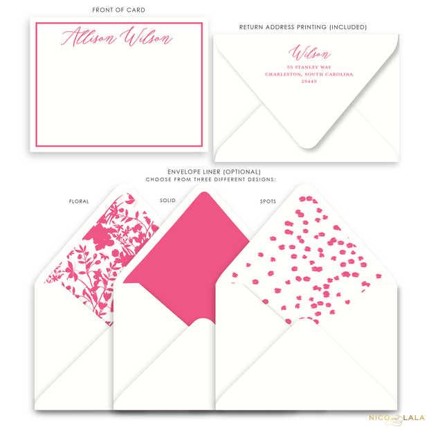 Magnolia Flat Card Stationery with Name, Berry Pink