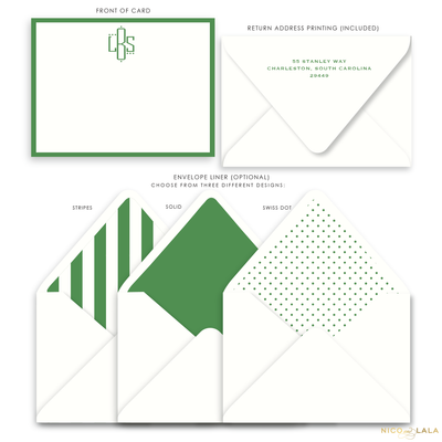 Oxford Flat Card Stationery with Monogram, Grass Green