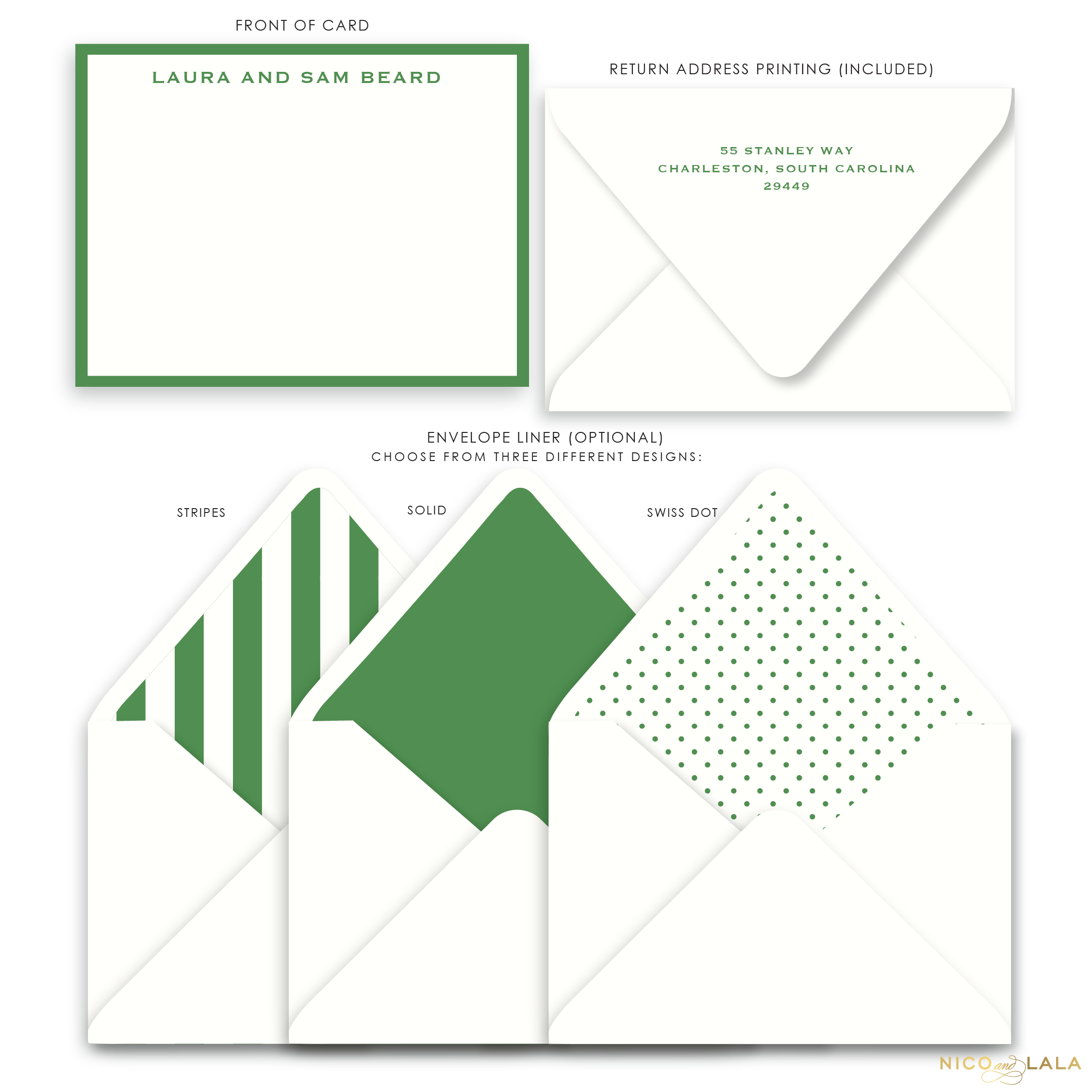 Oxford Flat Card Stationery with Name, Grass Green