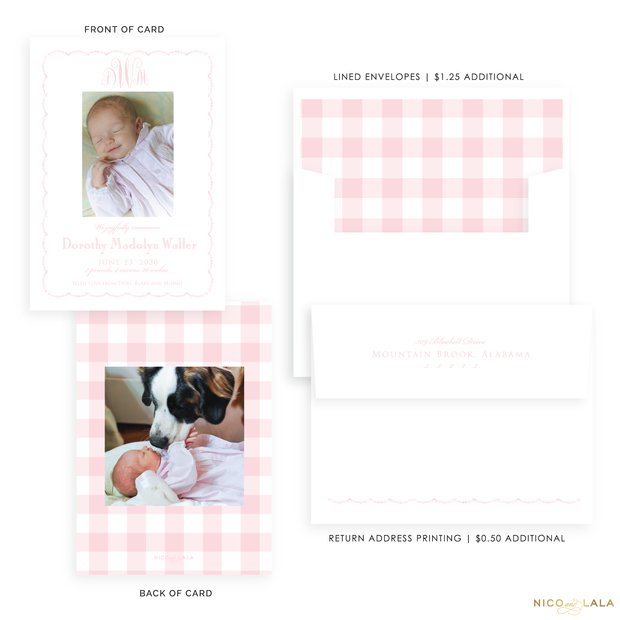 Sweet Gingham Birth Announcement, Pink