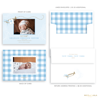 Trumpet Birth Announcement, Blue and Tan