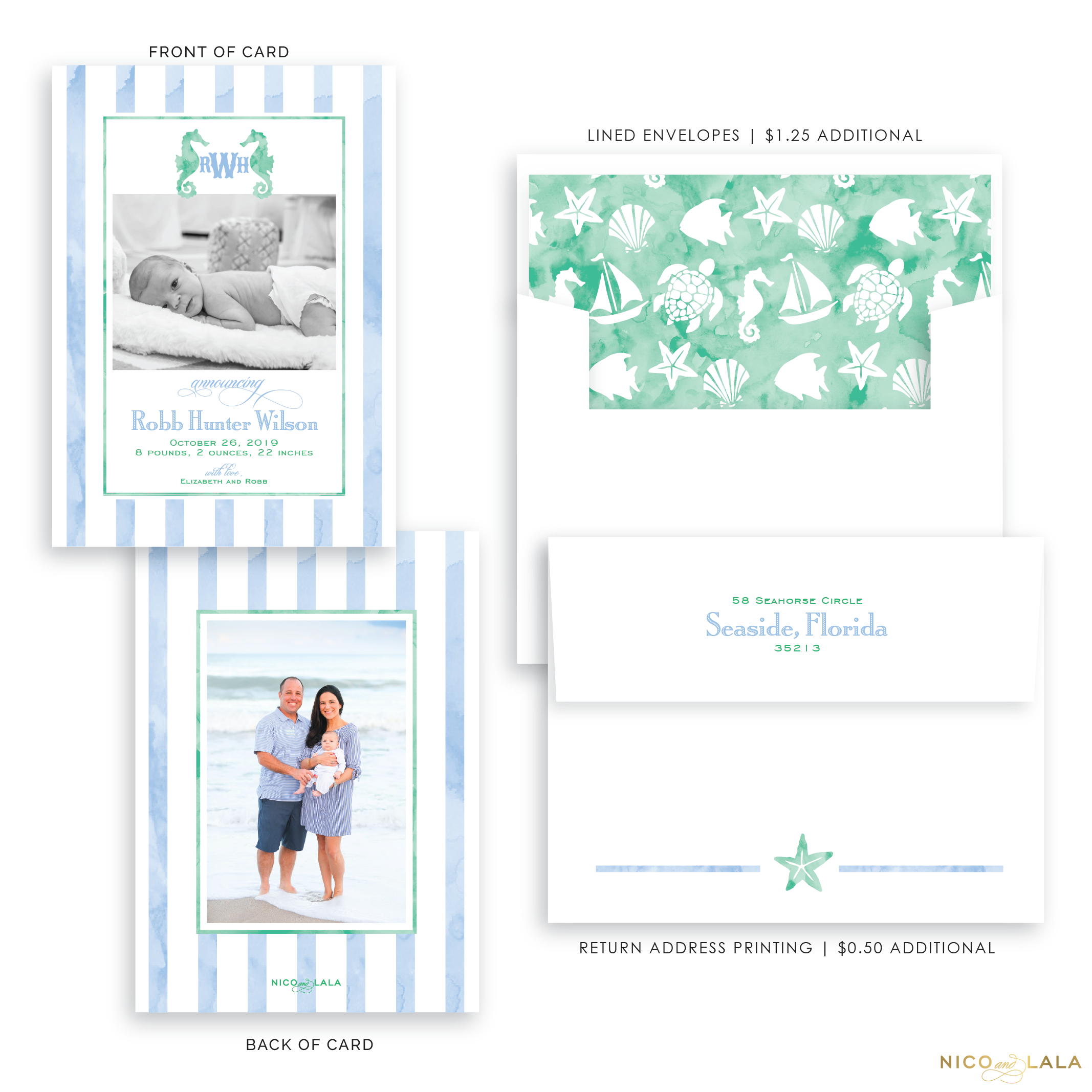 Watercolor Beach Birth Announcement, Blue and Green
