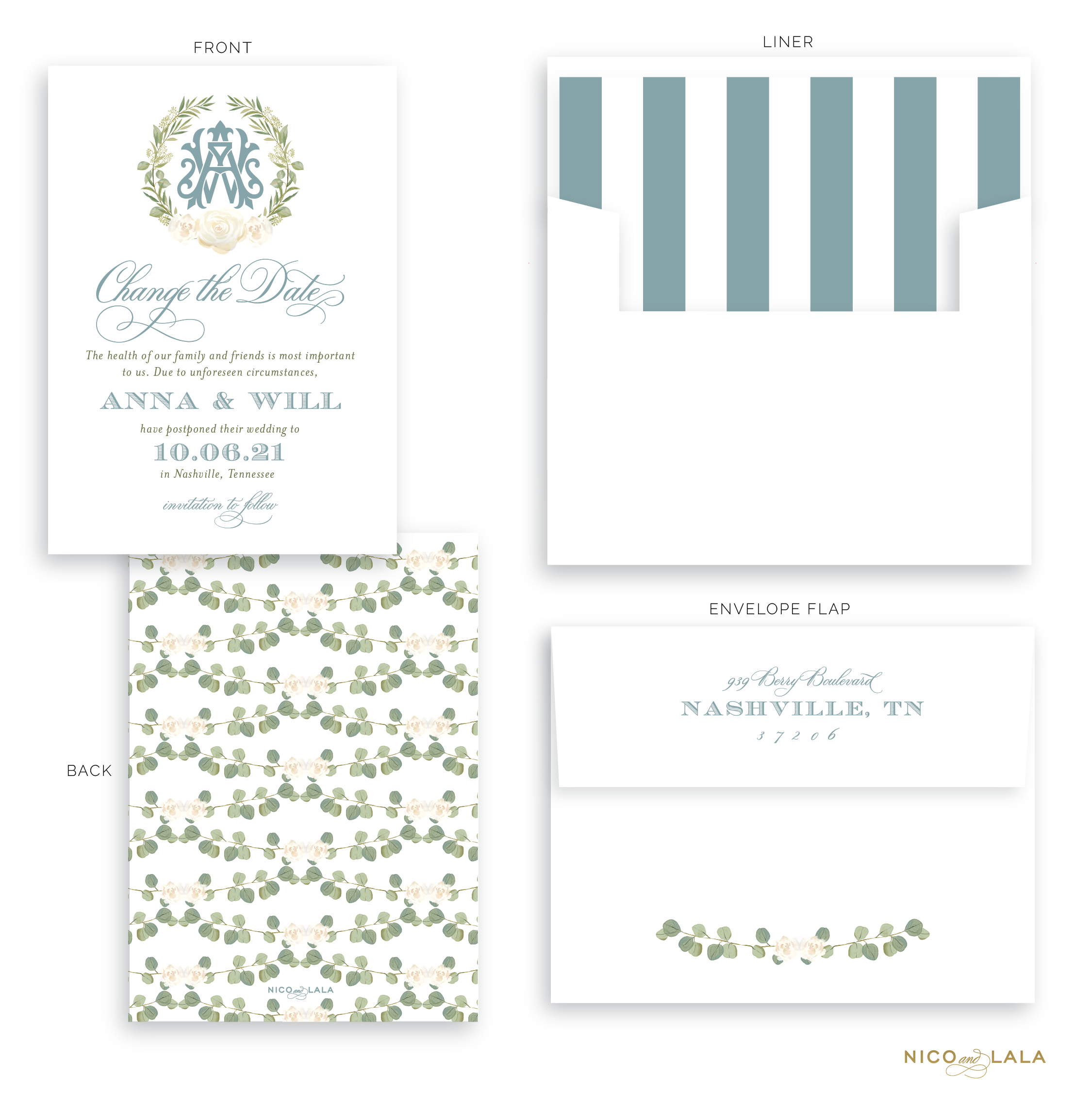 Wreath Monogram Wedding Postponement Cards