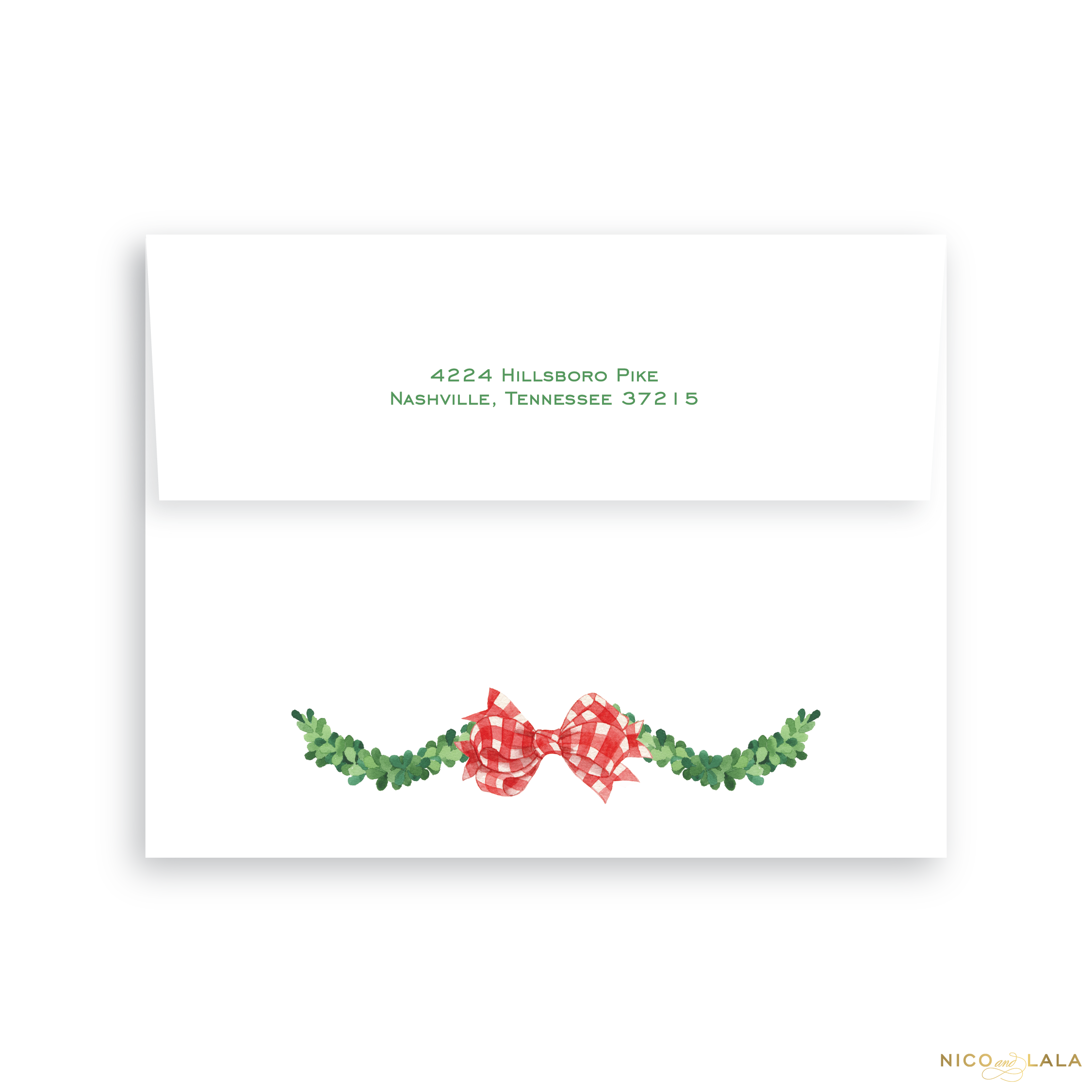 Wreath and Bow Die Cut Christmas Card Return Address Printing